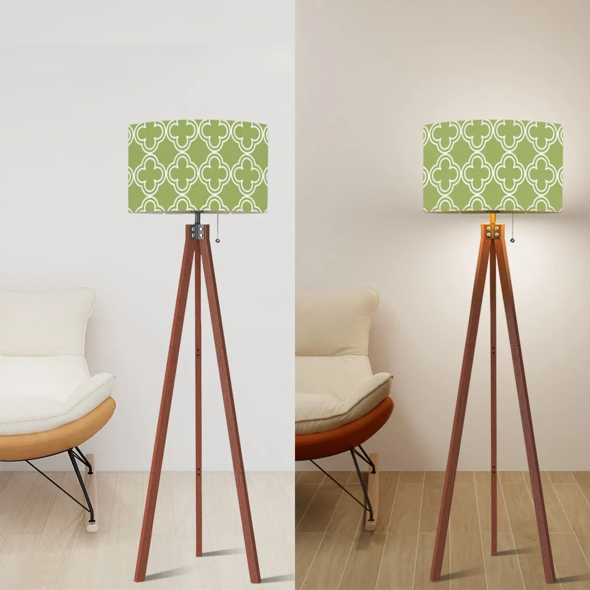 Mid Century Modern Green Geometrics, Retro Tripod Floor Lamp