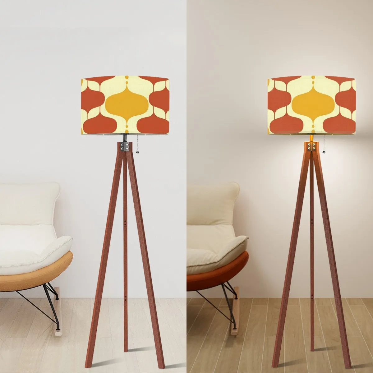 Mid Century Modern Groovy Mustard Yellow, Burnt Orange Retro Tripod Floor Lamp