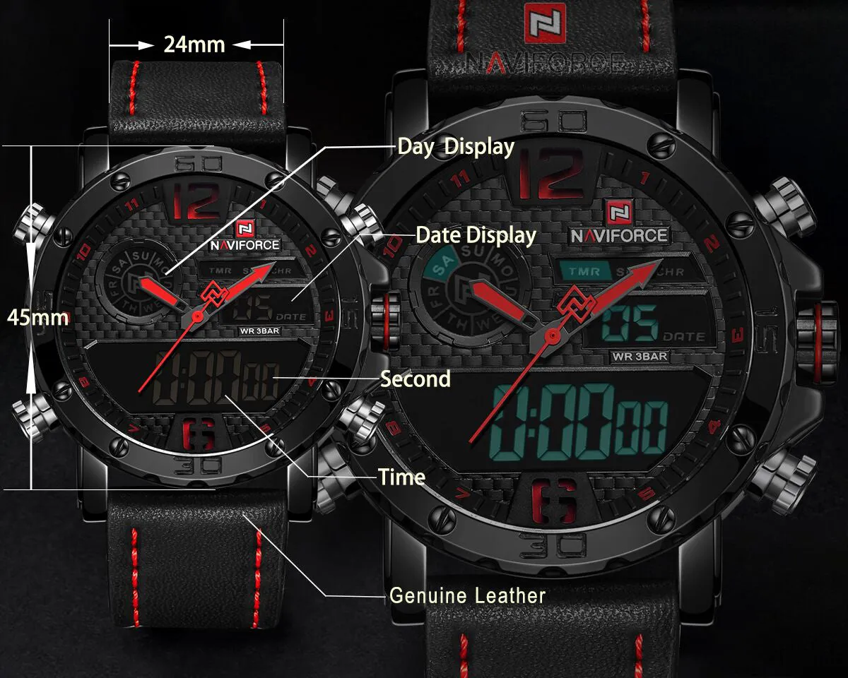 NAVIFORCE Mens Waterproof Sport Watches Leather Digital Analog Watch Luxury Casual Dual Time Wristwatch NF9134