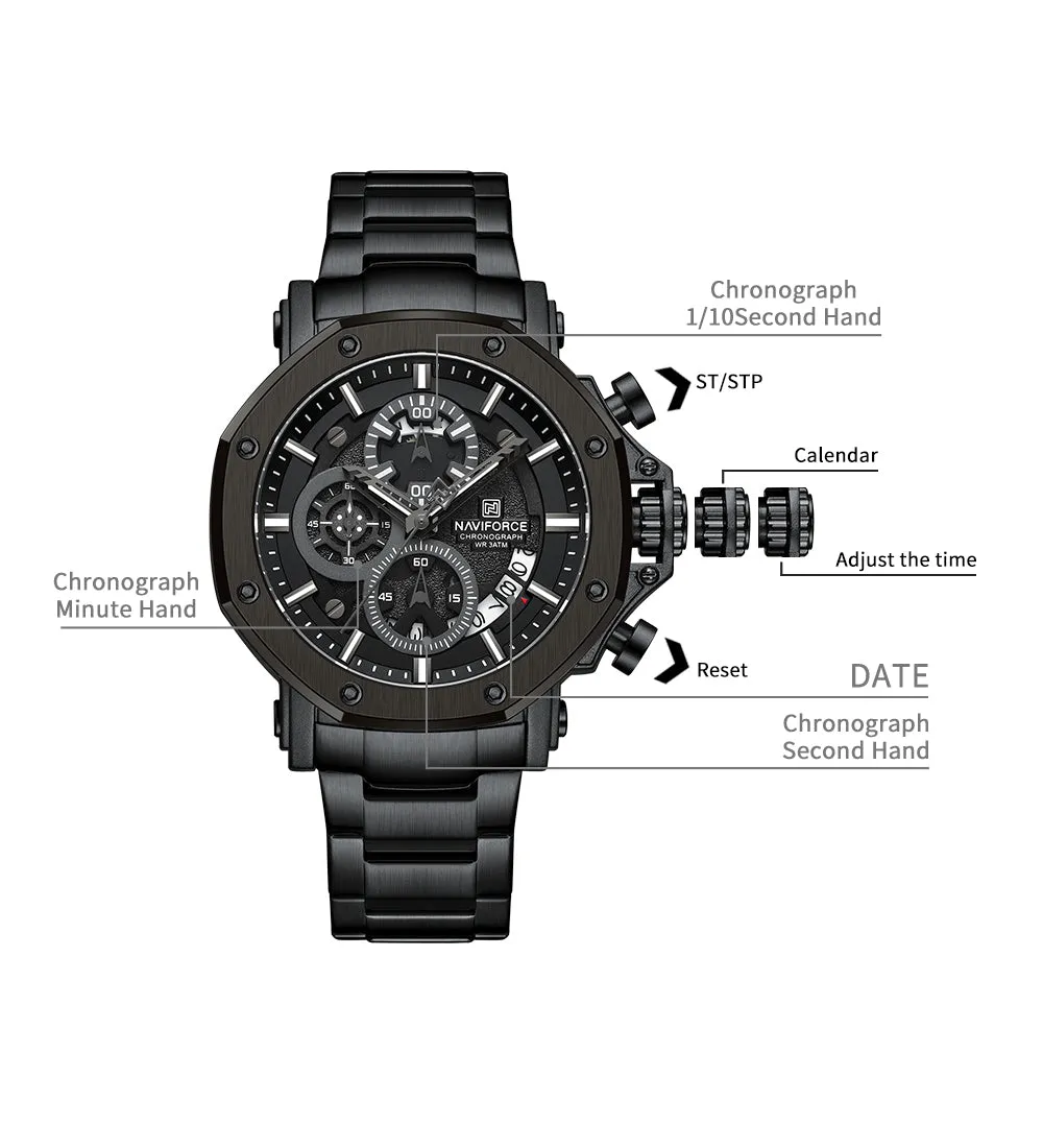NF8065 Men's Multifunction Stainless Steel Chronograph Rugged Watch with Date and Stopwatch Features