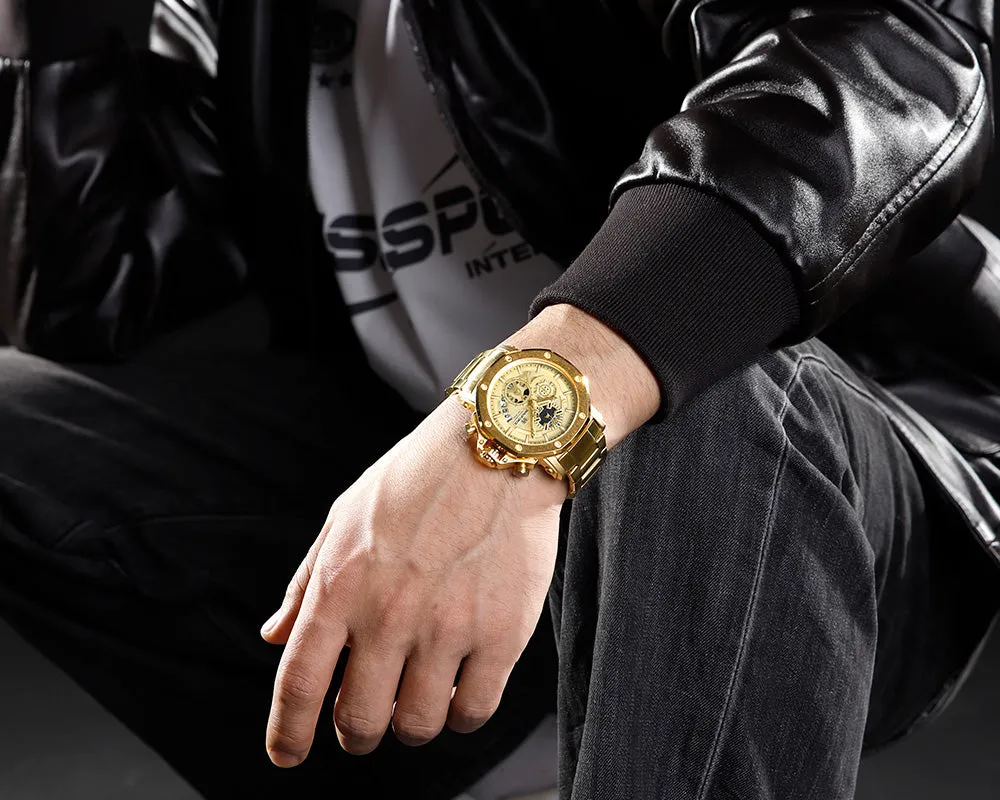 NF8065 Men's Multifunction Stainless Steel Chronograph Rugged Watch with Date and Stopwatch Features
