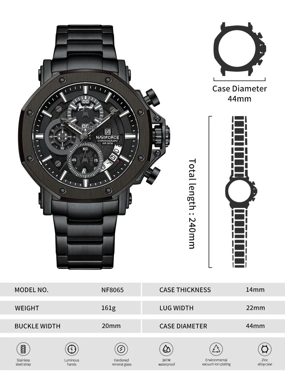 NF8065 Men's Multifunction Stainless Steel Chronograph Rugged Watch with Date and Stopwatch Features