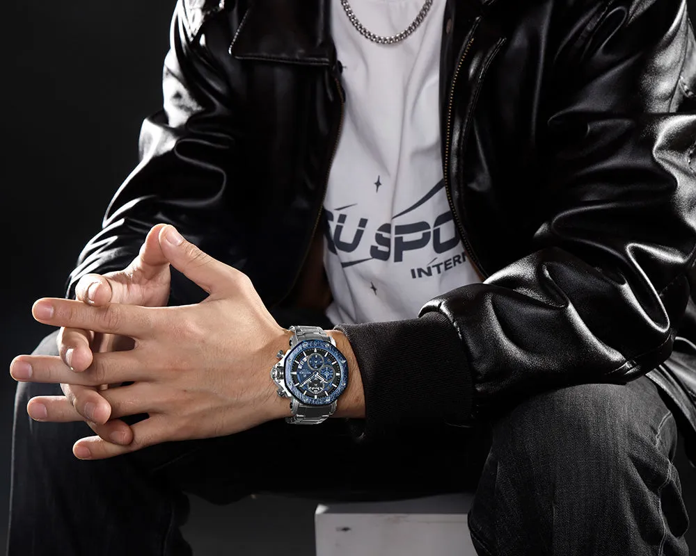 NF8065 Men's Multifunction Stainless Steel Chronograph Rugged Watch with Date and Stopwatch Features