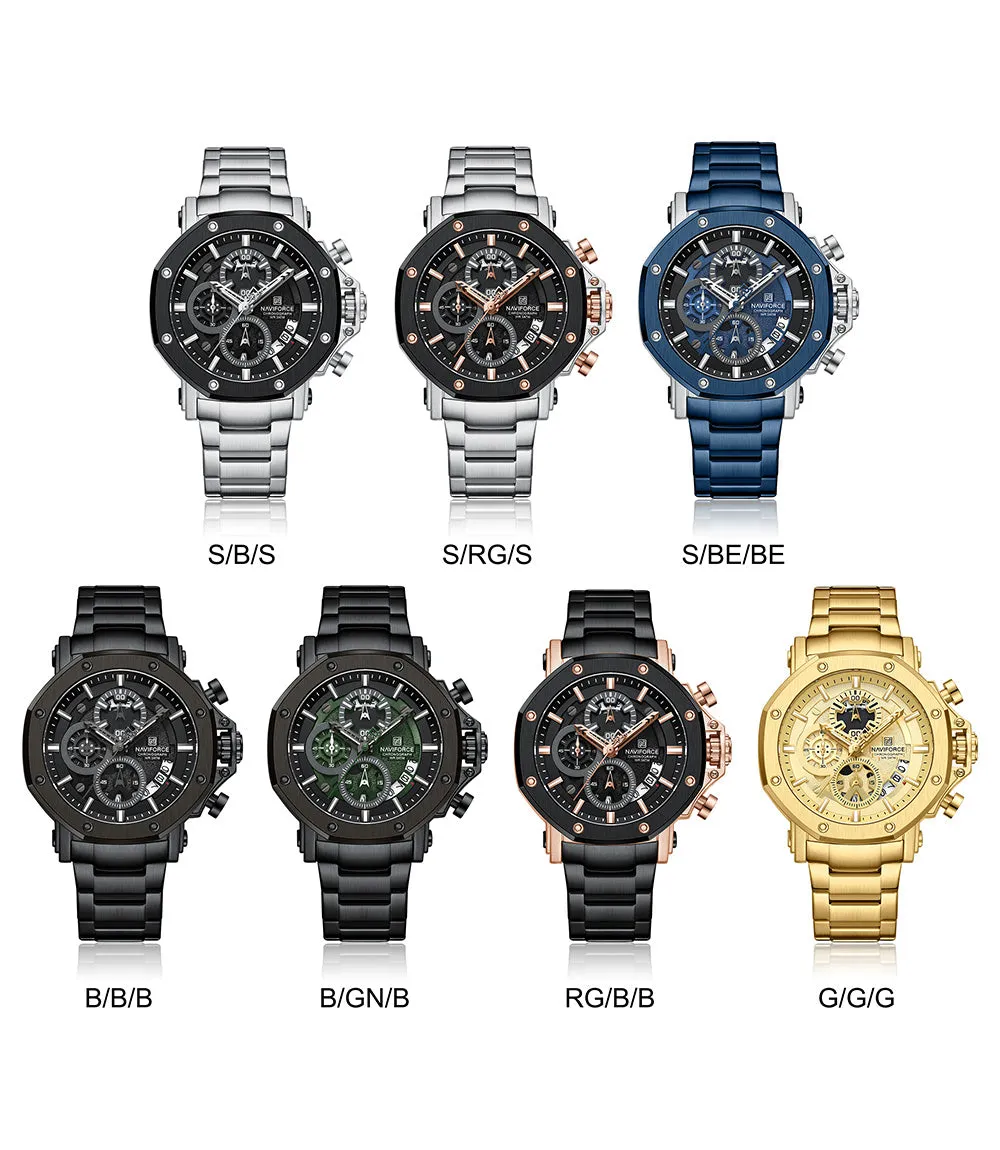 NF8065 Men's Multifunction Stainless Steel Chronograph Rugged Watch with Date and Stopwatch Features