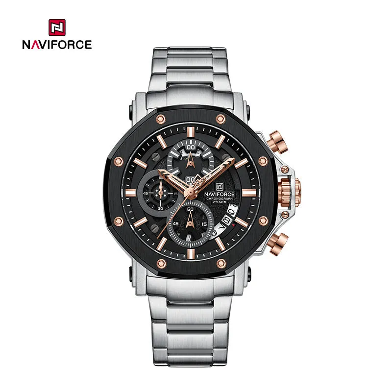 NF8065 Men's Multifunction Stainless Steel Chronograph Rugged Watch with Date and Stopwatch Features
