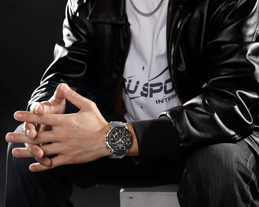 NF8065 Men's Multifunction Stainless Steel Chronograph Rugged Watch with Date and Stopwatch Features