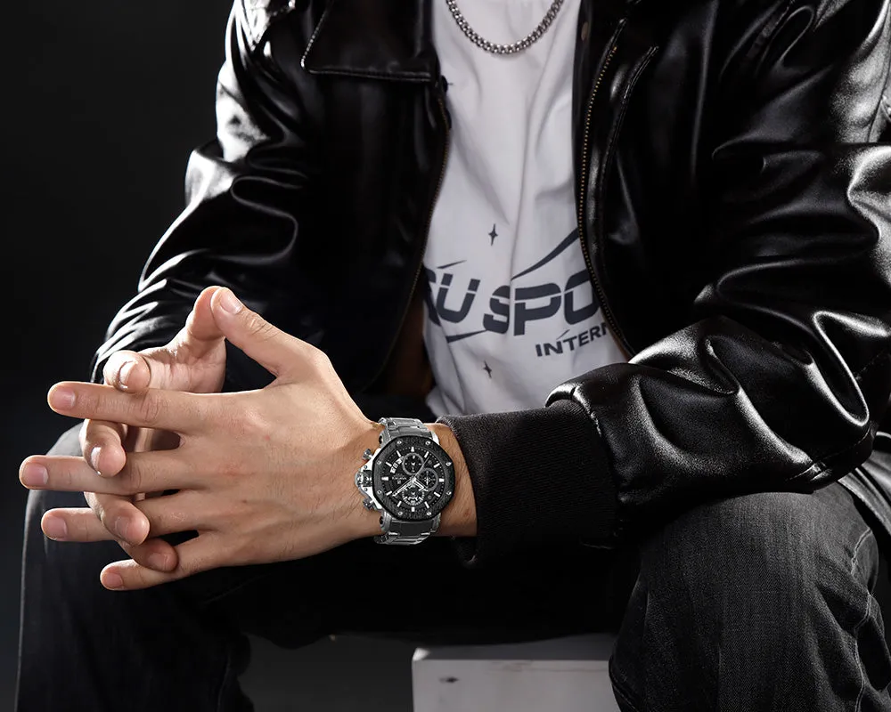 NF8065 Men's Multifunction Stainless Steel Chronograph Rugged Watch with Date and Stopwatch Features