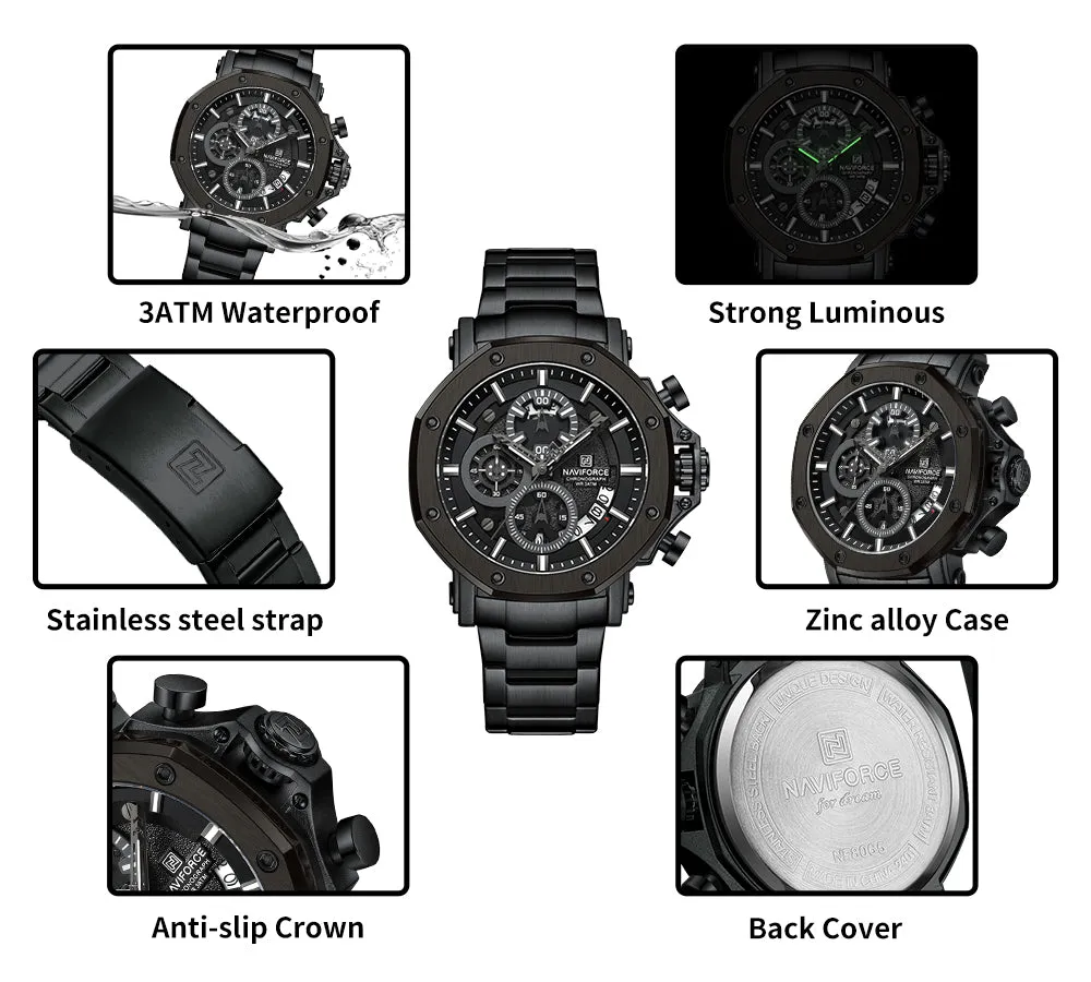 NF8065 Men's Multifunction Stainless Steel Chronograph Rugged Watch with Date and Stopwatch Features