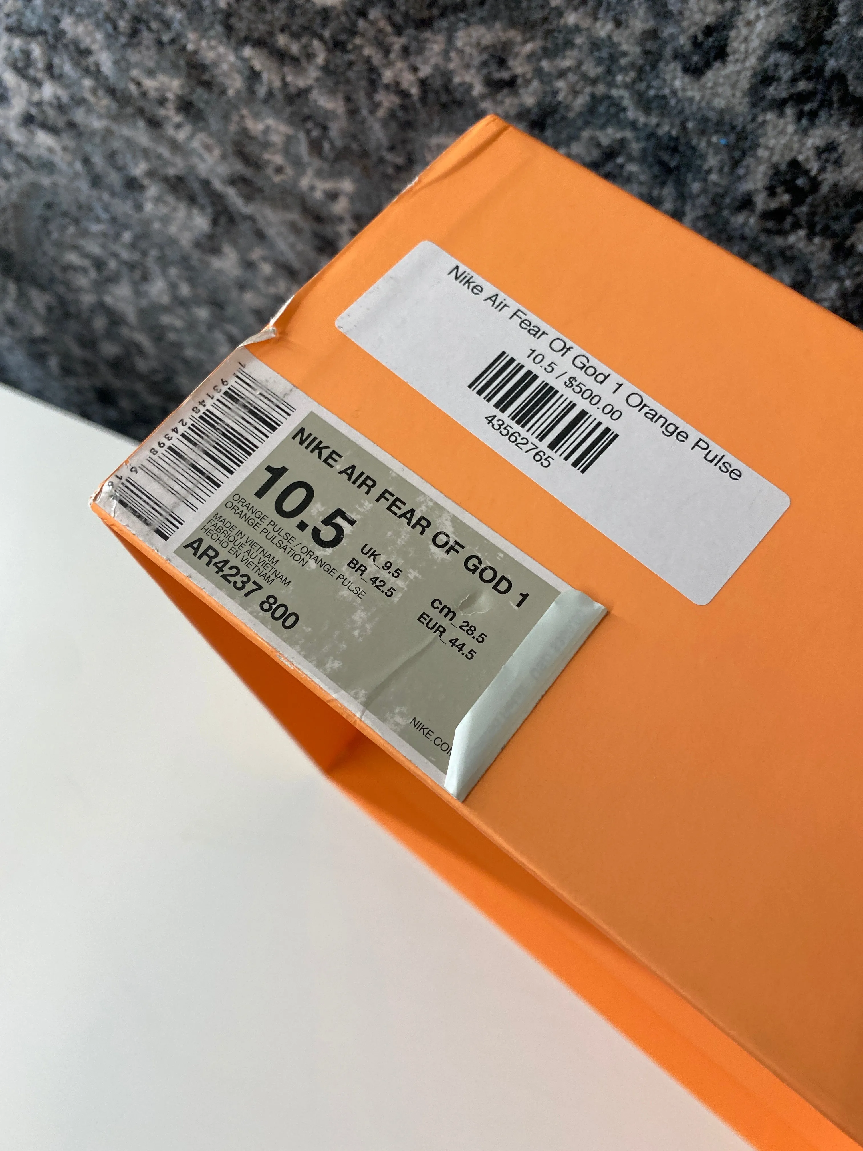 Nike Air Fear Of God 1 Orange Pulse Sz 10.5