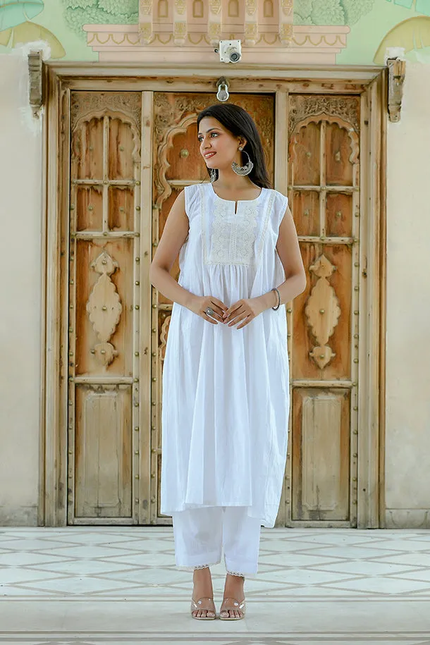 Nishigandha - White Sleeveless Cotton Kurta Coord Set