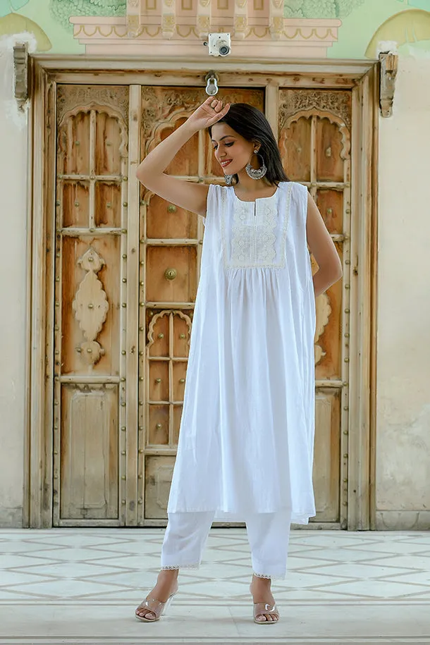 Nishigandha - White Sleeveless Cotton Kurta Coord Set