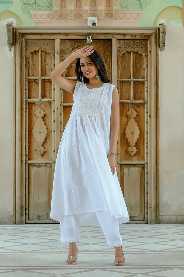 Nishigandha - White Sleeveless Cotton Kurta Coord Set