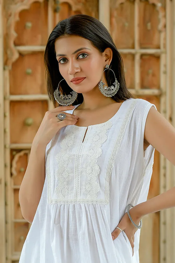 Nishigandha - White Sleeveless Cotton Kurta Coord Set