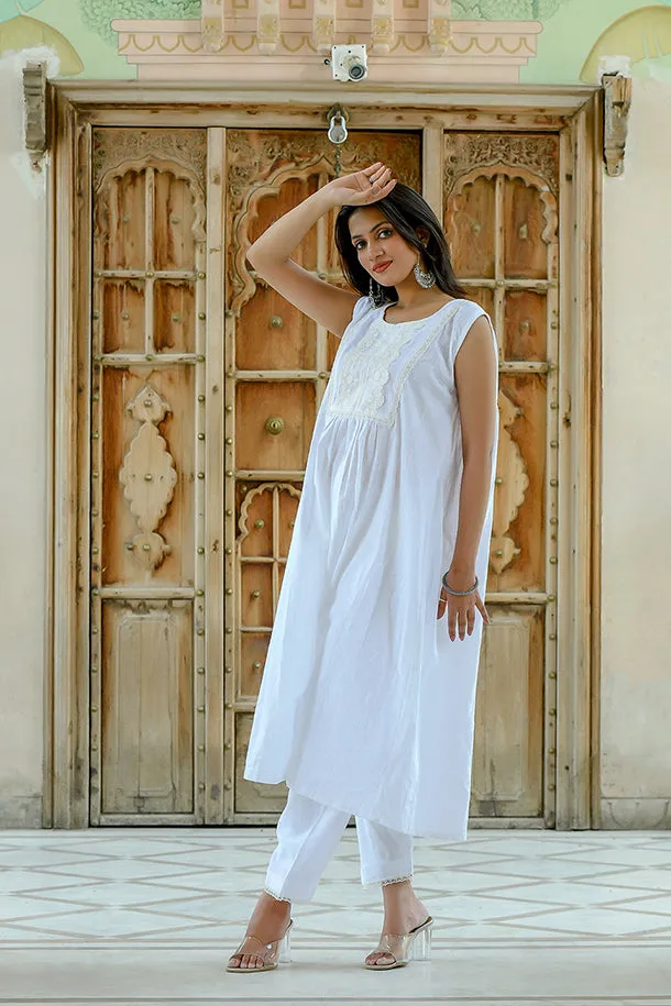Nishigandha - White Sleeveless Cotton Kurta Coord Set