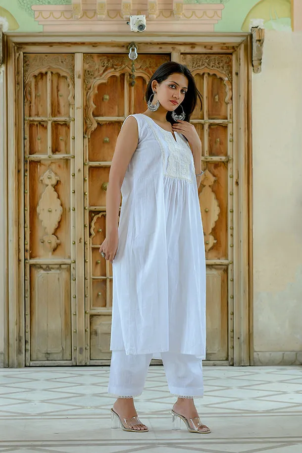 Nishigandha - White Sleeveless Cotton Kurta Coord Set