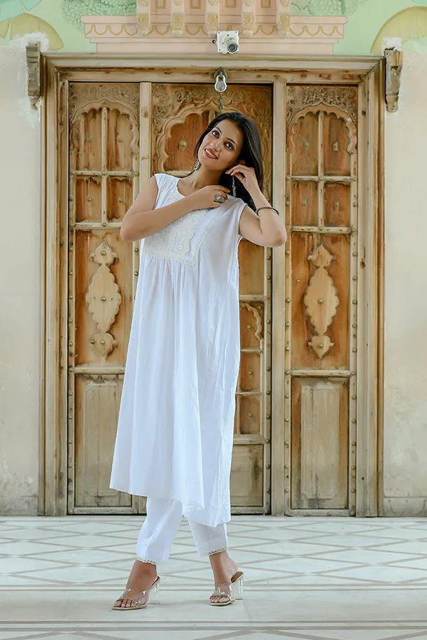 Nishigandha - White Sleeveless Cotton Kurta Coord Set