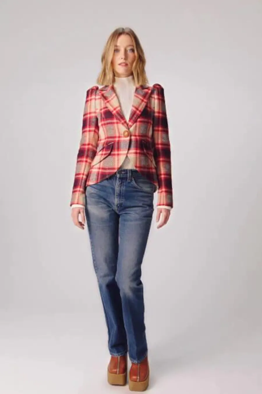Pouf Sleeve One Button Blazer Carmine Plaid