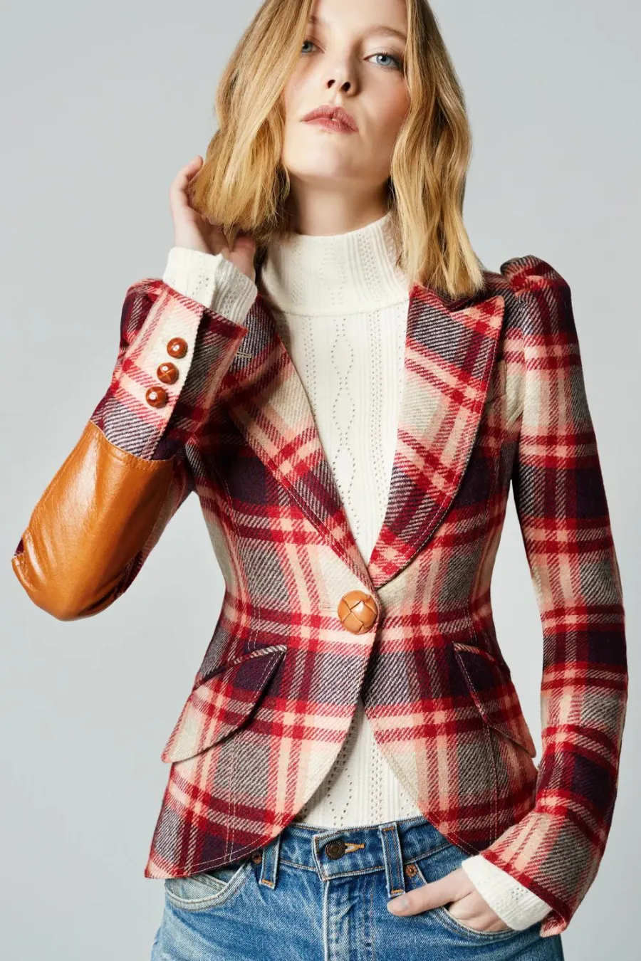 Pouf Sleeve One Button Blazer Carmine Plaid