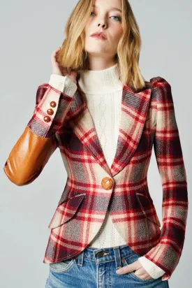 Pouf Sleeve One Button Blazer Carmine Plaid