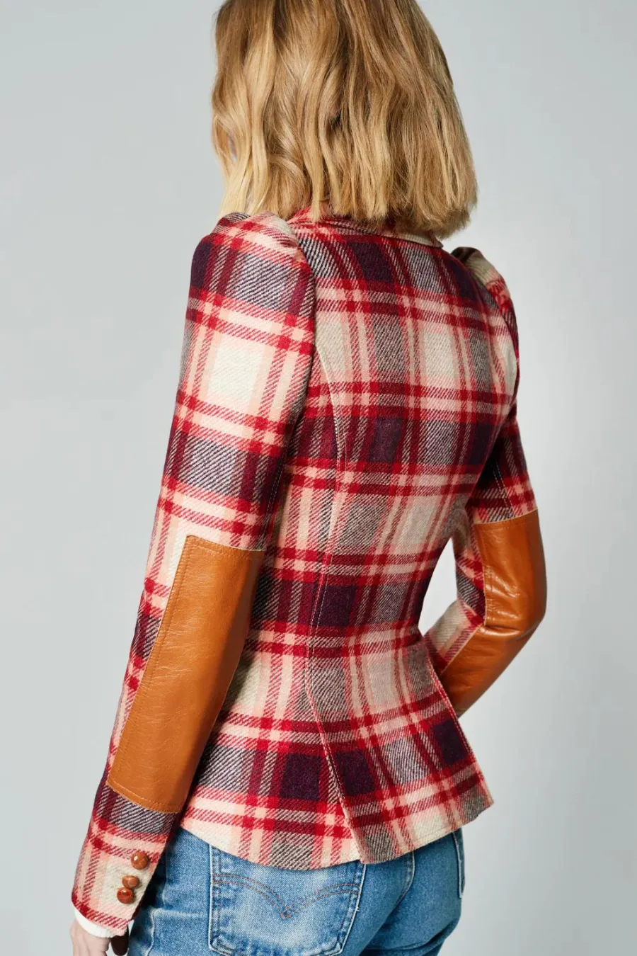 Pouf Sleeve One Button Blazer Carmine Plaid