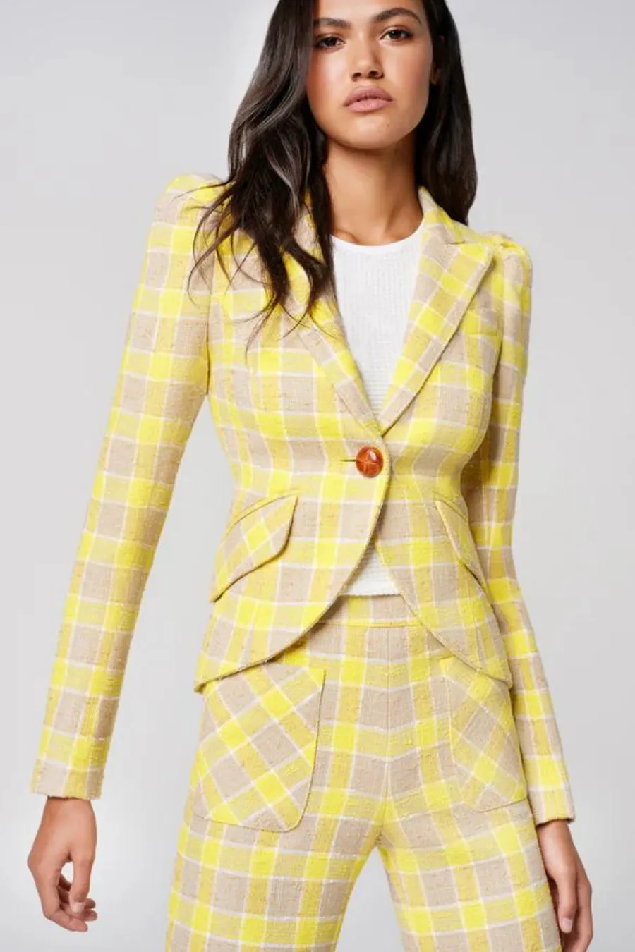 Pouf Sleeve One Button Blazer Yellow Check