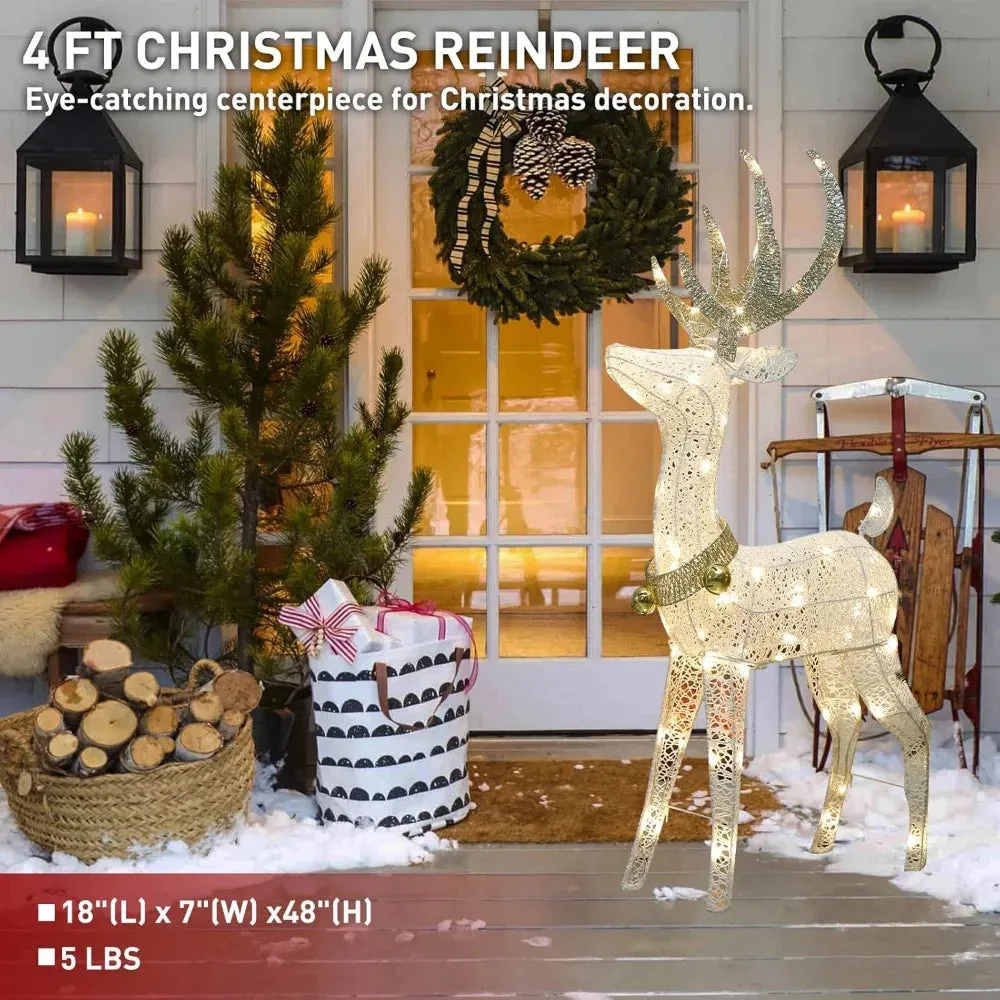 Pre-lit Christmas Bright Reindeer with Golden Bell and Twinkling Light Outdoors