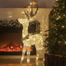 Pre-lit Christmas Bright Reindeer with Golden Bell and Twinkling Light Outdoors