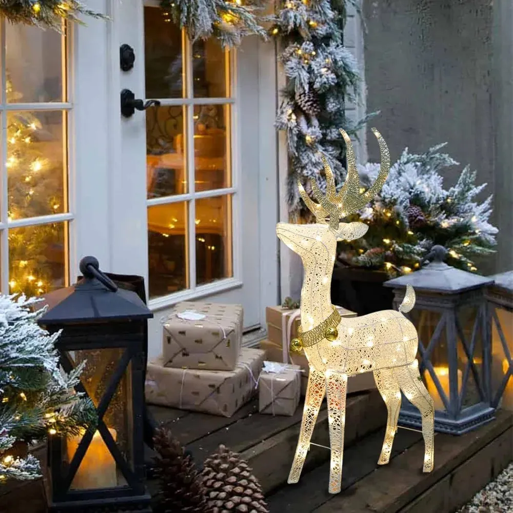 Pre-lit Christmas Bright Reindeer with Golden Bell and Twinkling Light Outdoors