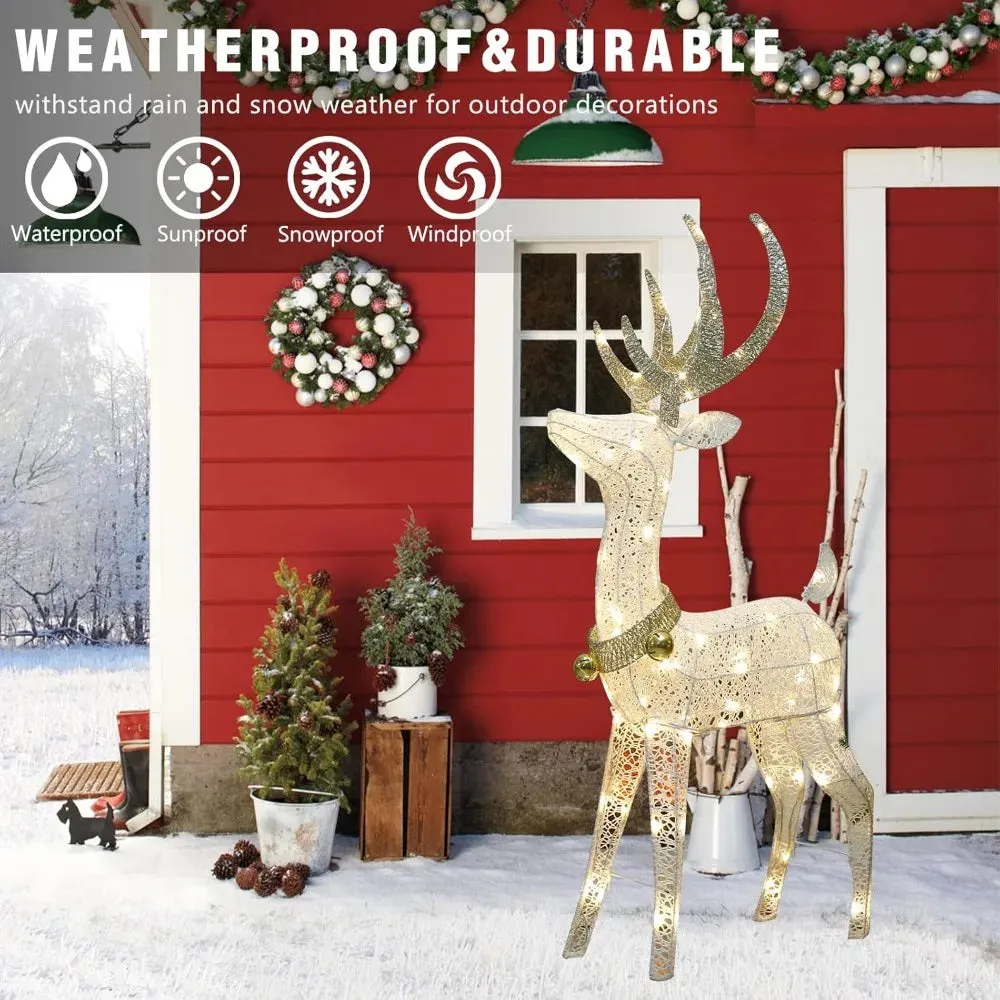 Pre-lit Christmas Bright Reindeer with Golden Bell and Twinkling Light Outdoors
