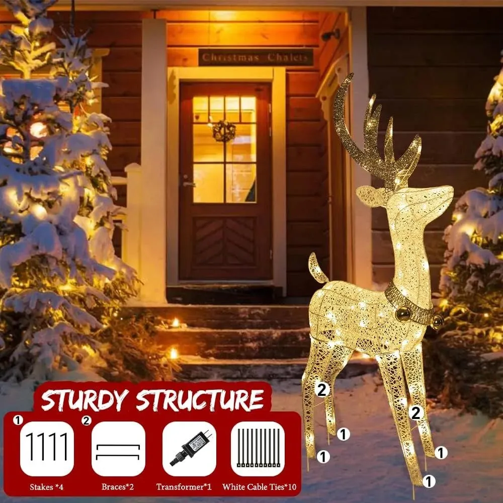 Pre-lit Christmas Bright Reindeer with Golden Bell and Twinkling Light Outdoors