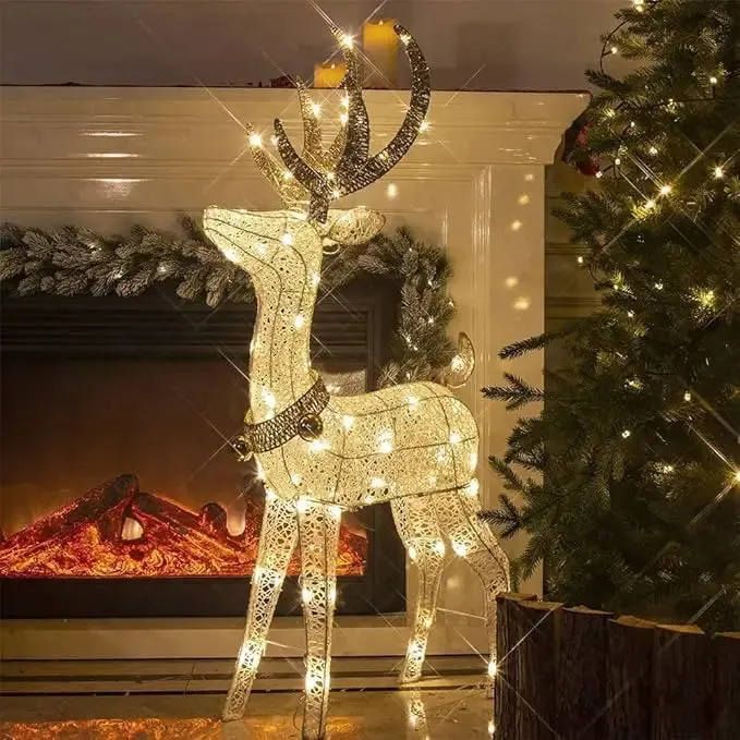 Pre-lit Christmas Bright Reindeer with Golden Bell and Twinkling Light Outdoors
