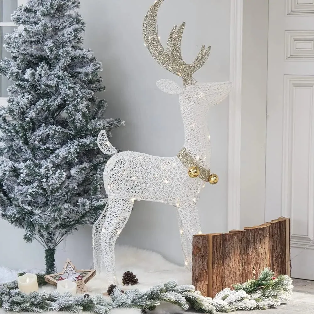 Pre-lit Christmas Bright Reindeer with Golden Bell and Twinkling Light Outdoors