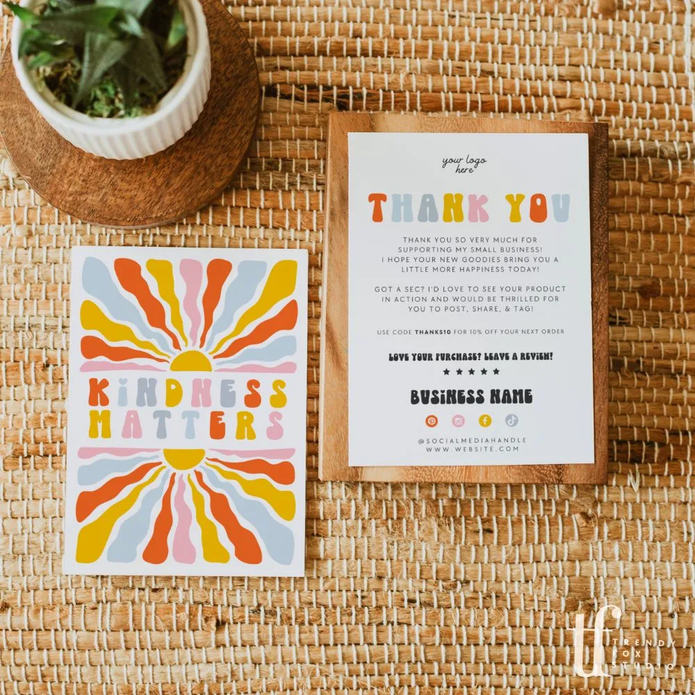 Retro Rainbow Sun Business Thank You Card Canva Template