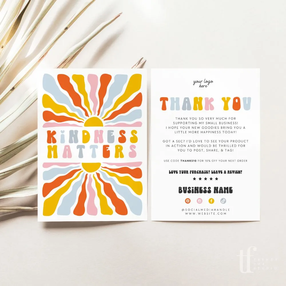 Retro Rainbow Sun Business Thank You Card Canva Template