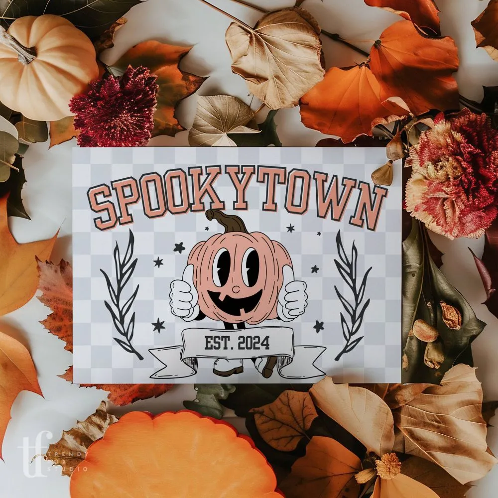 Retro Varsity Pumpkin Mascot Halloween Business Thank You Card Canva Template