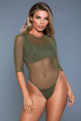 Sheer Mesh 3/4 Sleeve Olive One -Piece Swimsuit