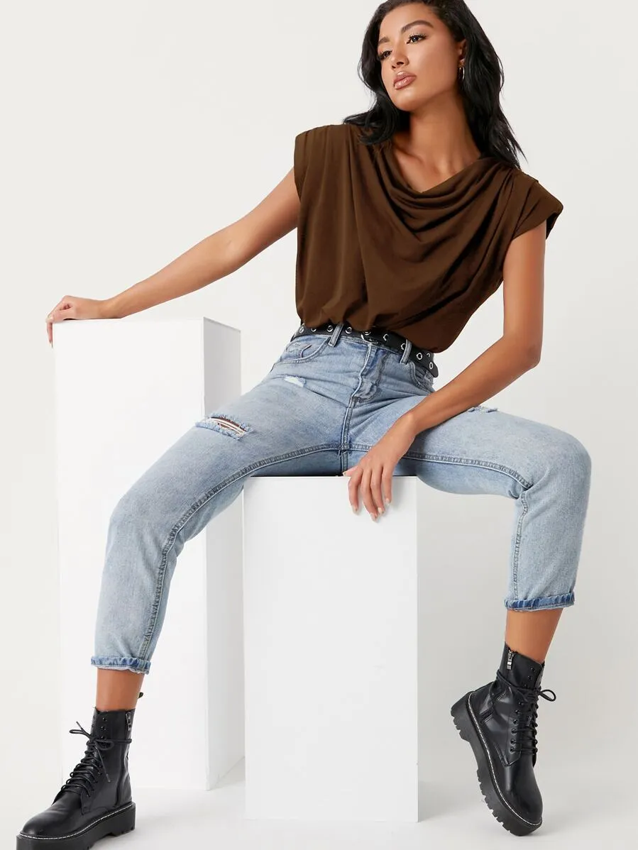Shoulder Pad Cowl Neck Bodysuit