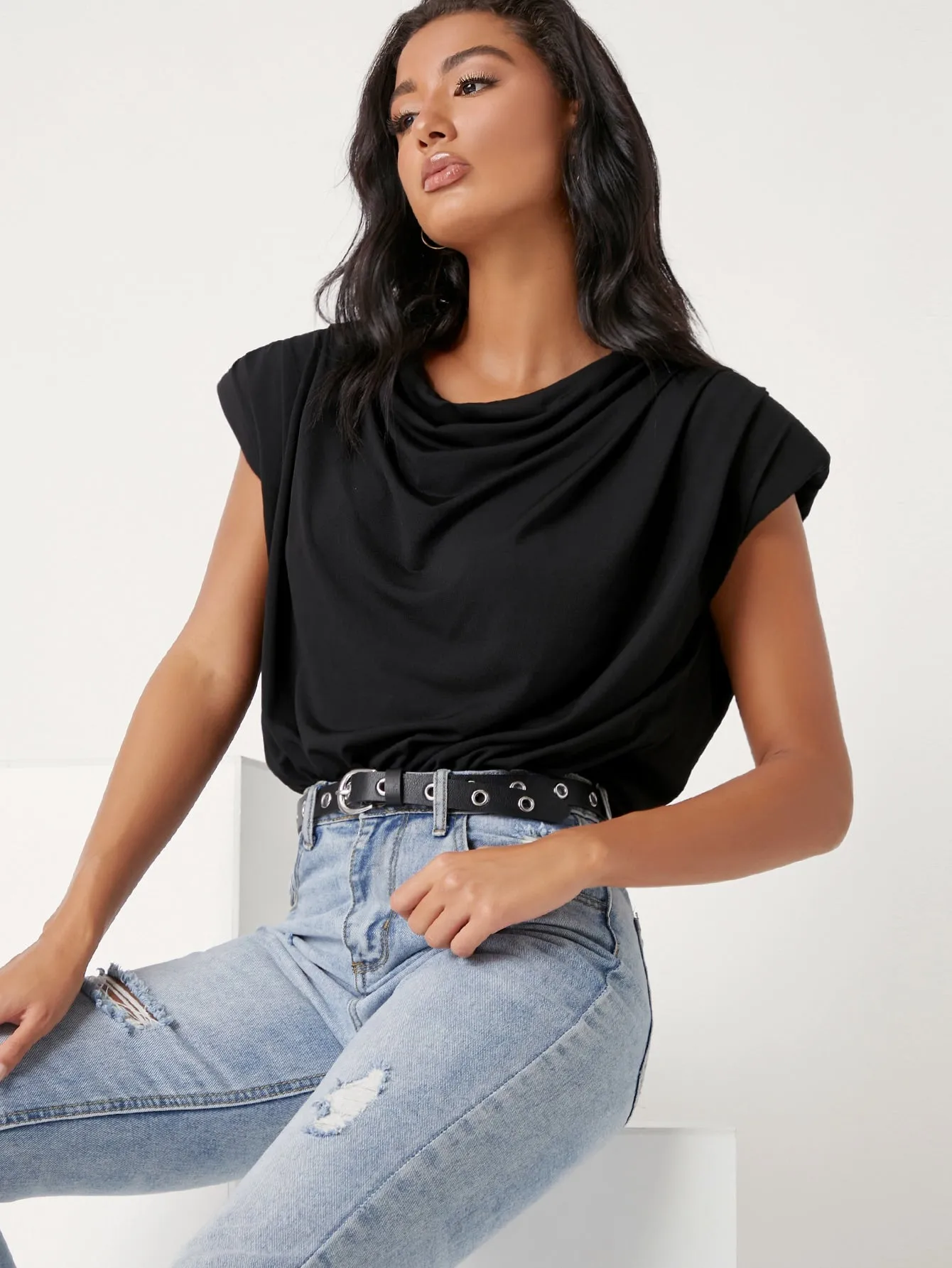 Shoulder Pad Cowl Neck Bodysuit
