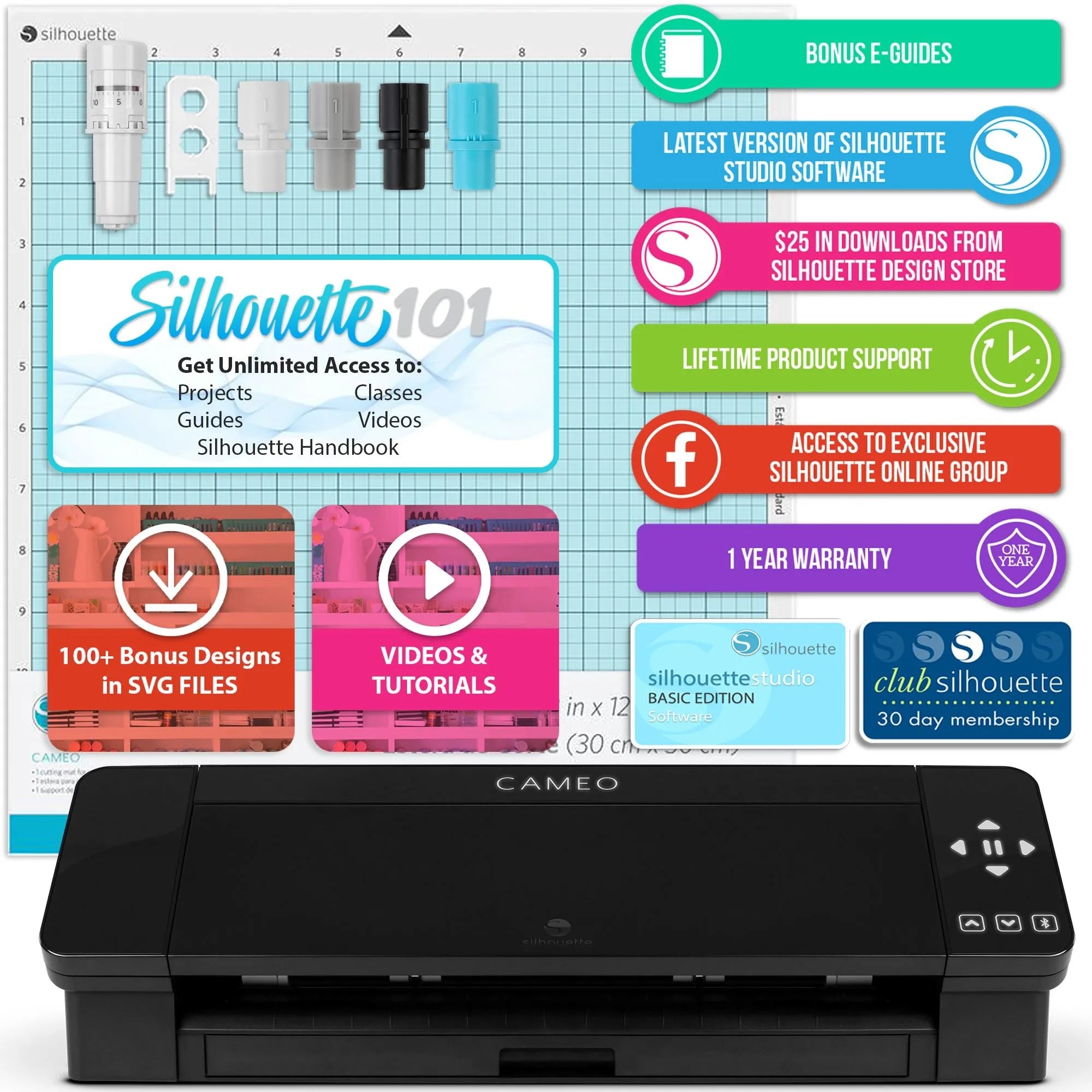 Silhouette Black Cameo 4 w/ Deluxe Blade & Tool Pack, Mat Pack, Guides, Designs
