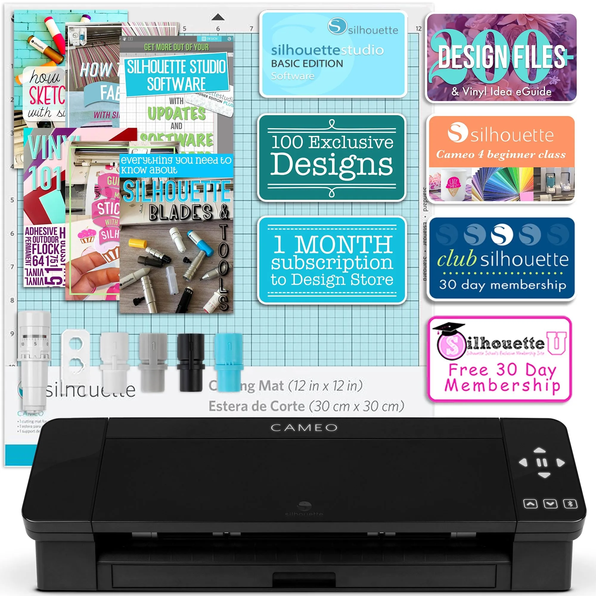 Silhouette Black Cameo 4 w/ Deluxe Blade & Tool Pack, Mat Pack, Guides, Designs