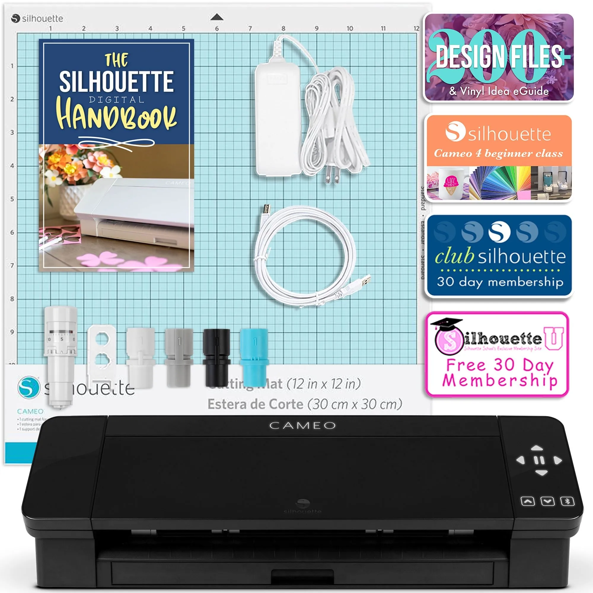 Silhouette Black Cameo 4 w/ Deluxe Blade & Tool Pack, Mat Pack, Guides, Designs