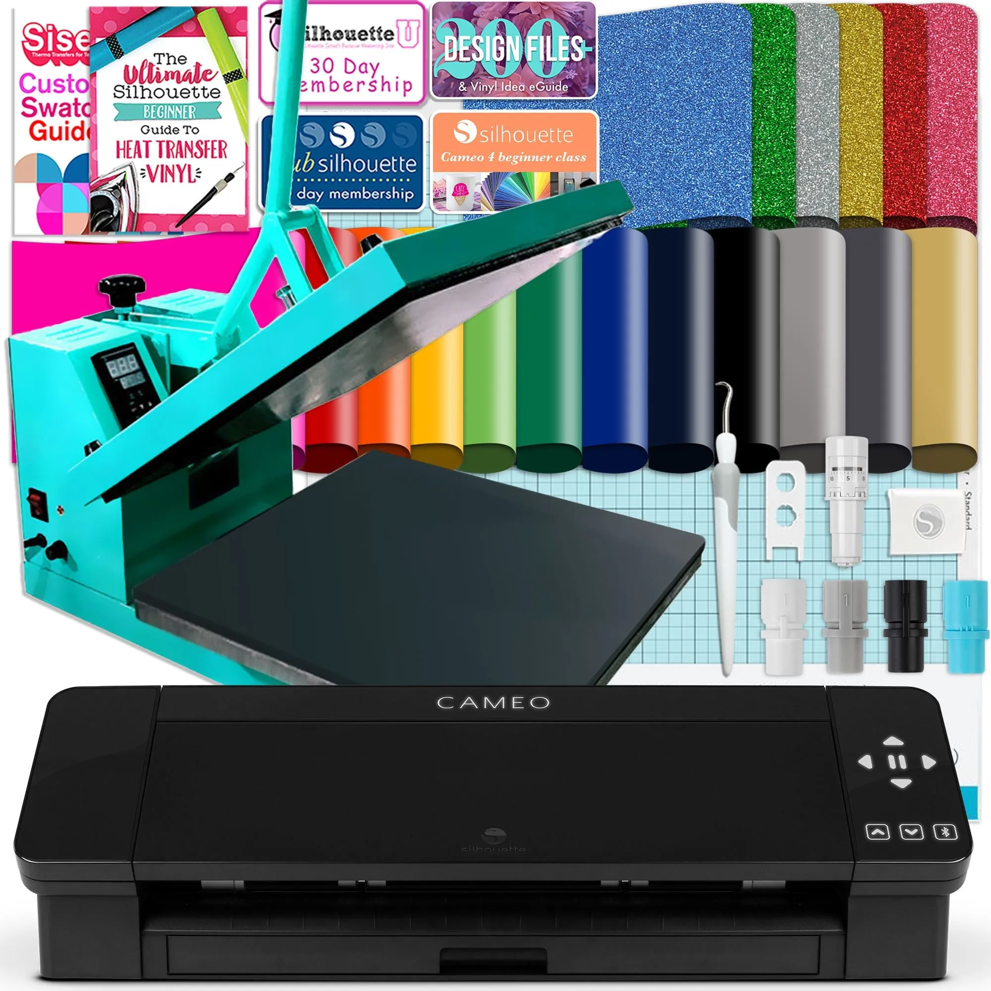Silhouette Black Cameo 4 w/ Swing Design 15" x 15" Turquoise Heat Press Bundle