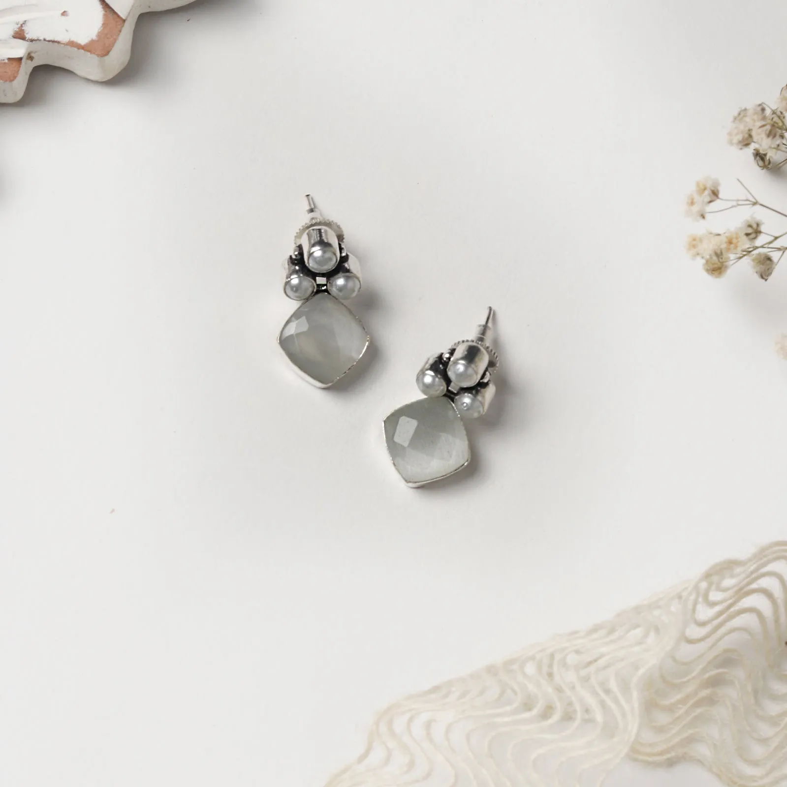 Teejh Delisha White Stone Silver Oxidised  Stud Earrings