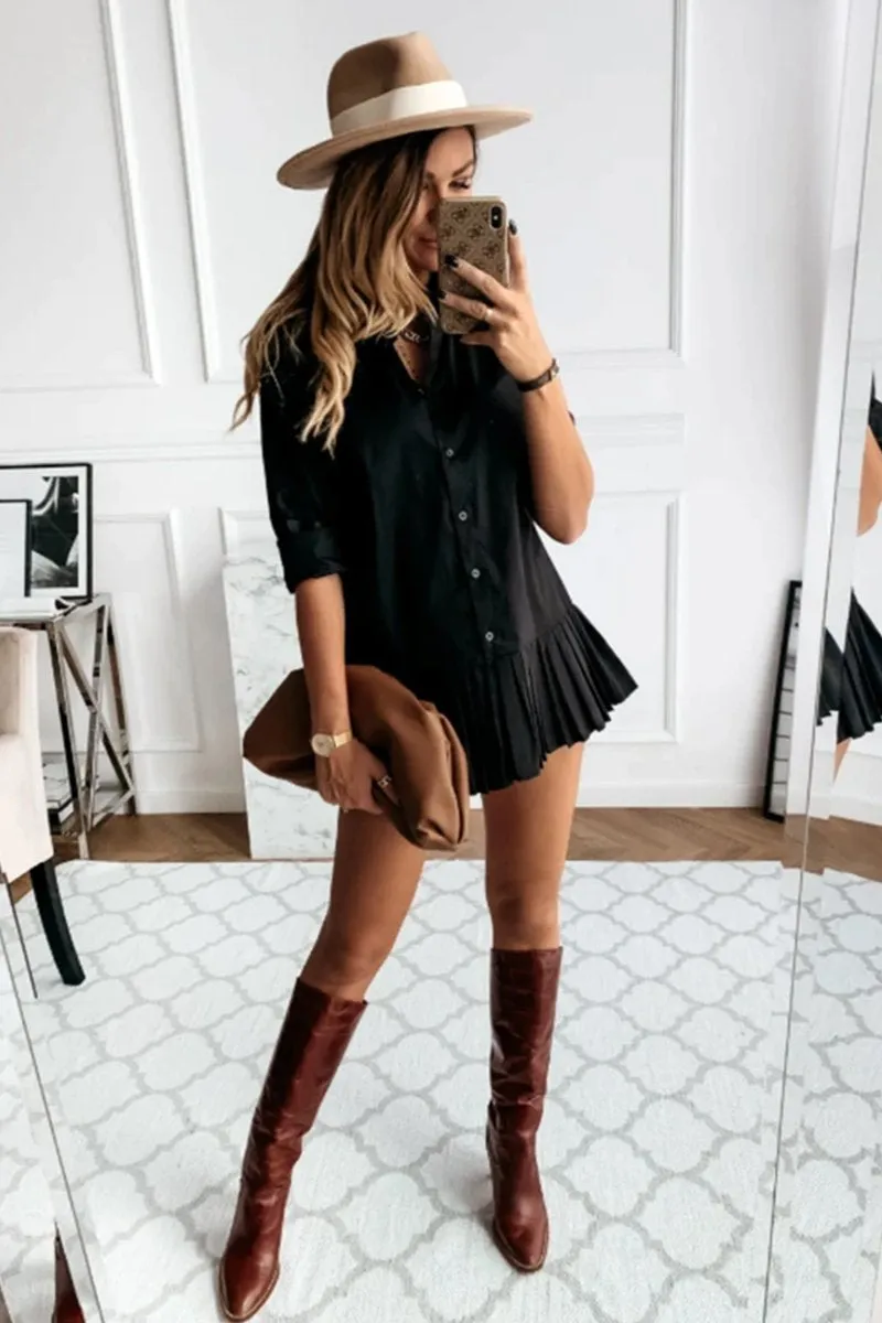 Women Pleated Fashion Plain Shirt Dress